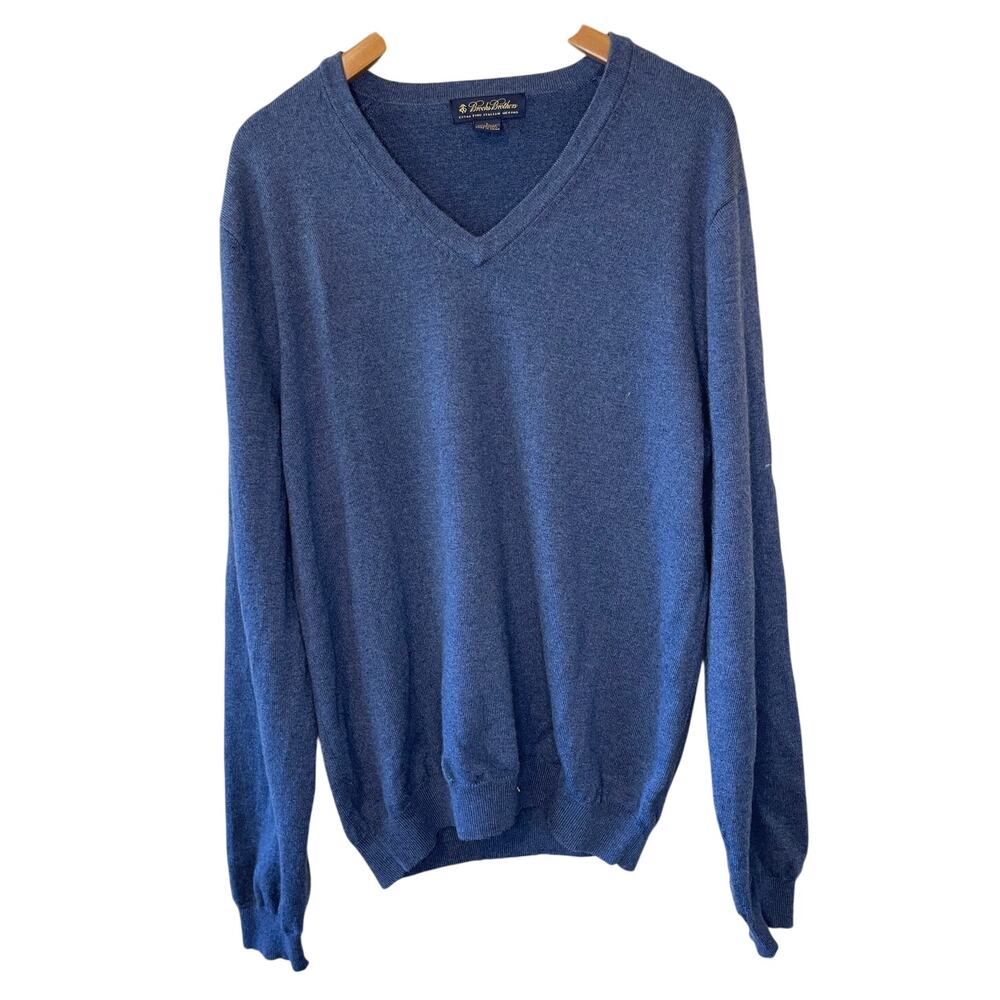Brooks Brothers Men's Merino Wool Blend V Neck Pull Over Blue Cozy Sweater Large